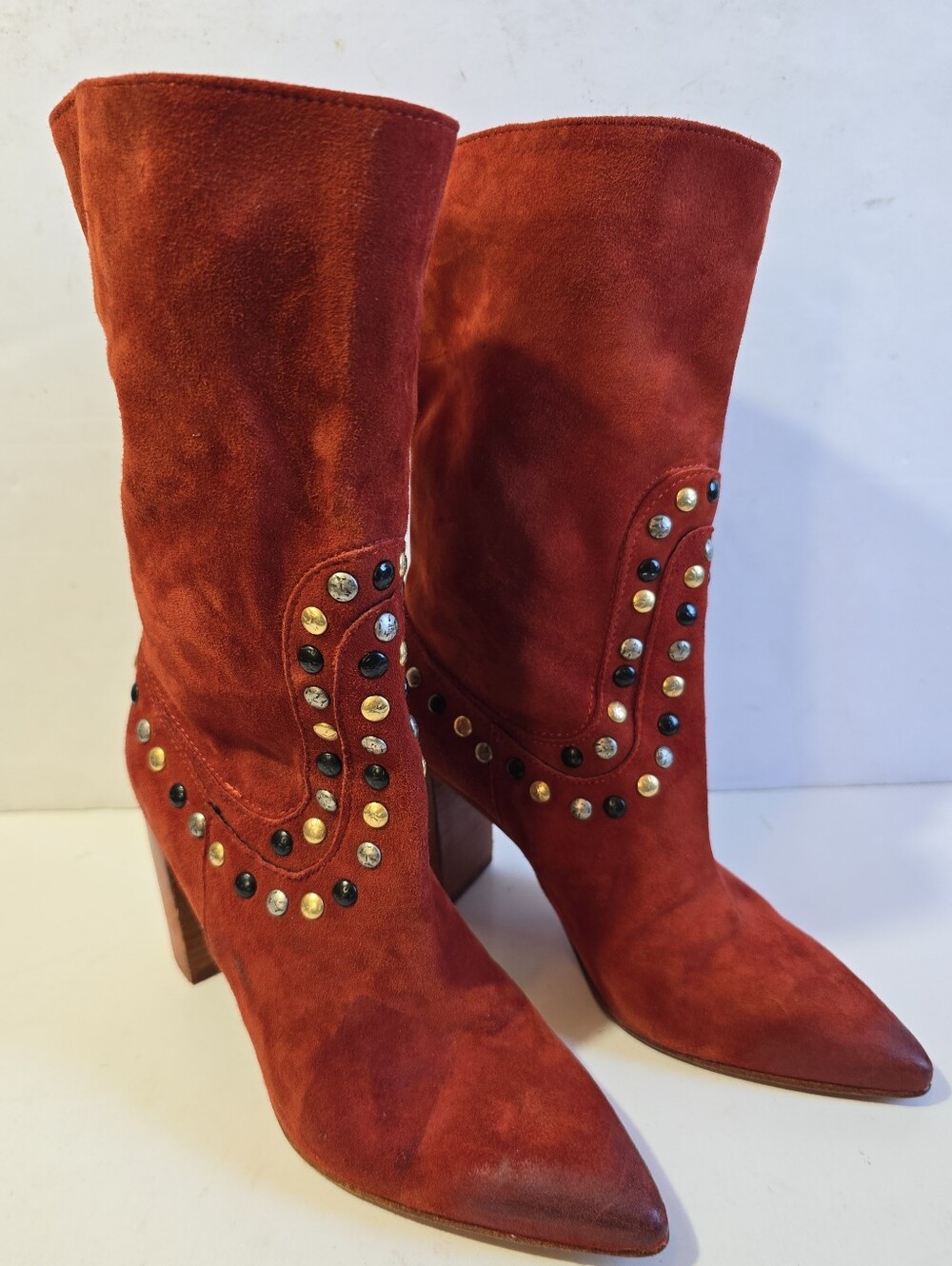 Free People Dakota Womens Rust Red Suede Studded Mid-Calf Boots Size 37